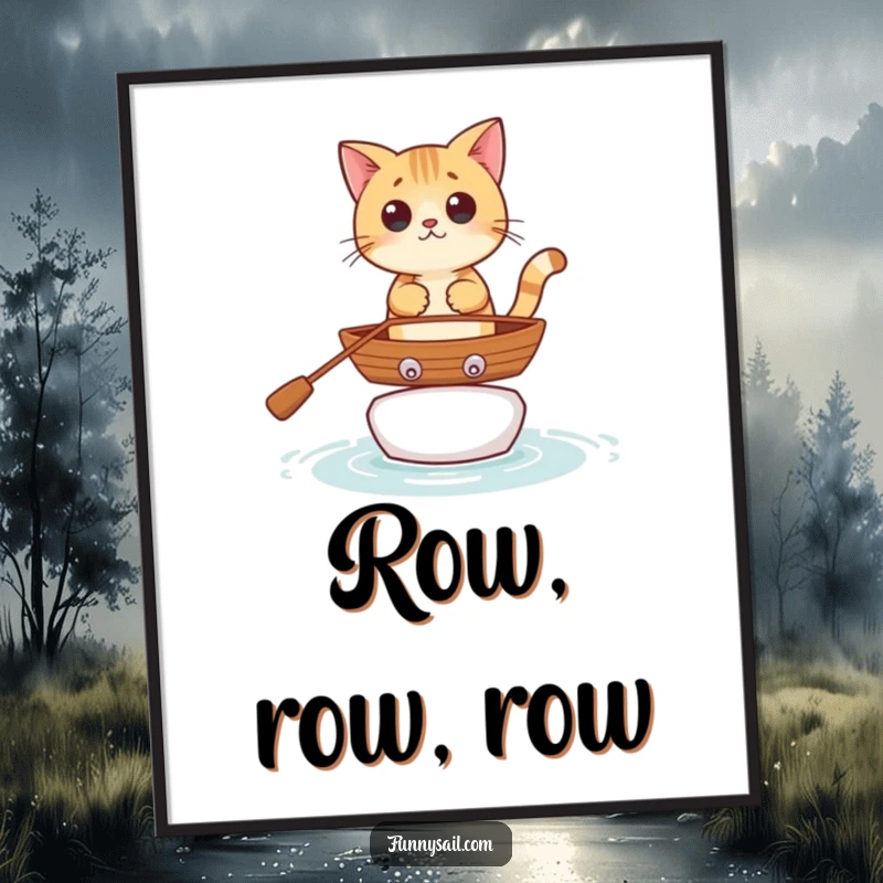 Funny curious cat character balancing on a tiny rowboat, rendered as charming wall art for cat lovers.