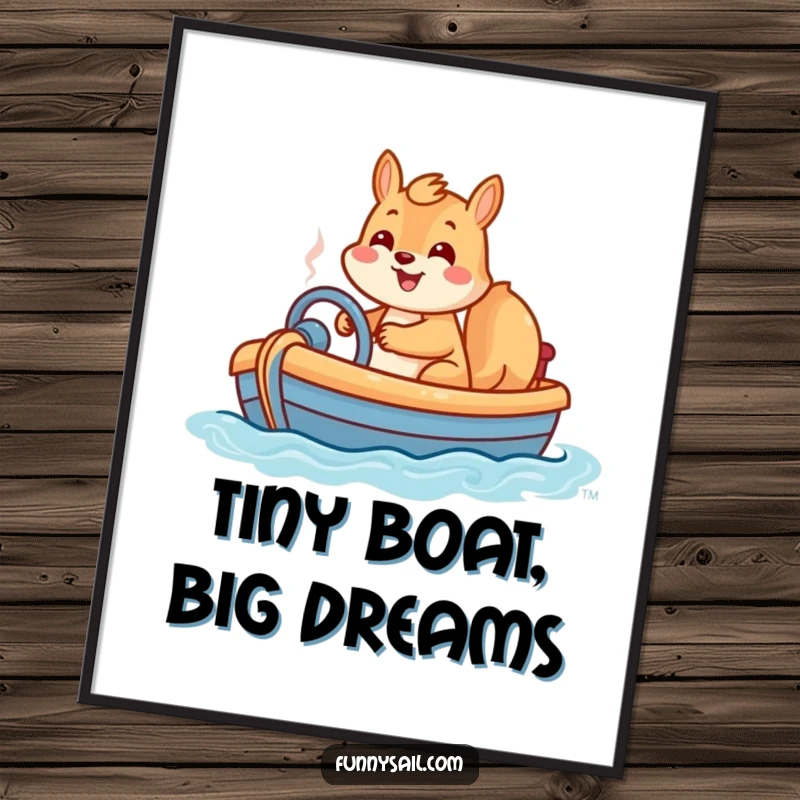 Funny poster featuring a playful squirrel with a huge grin, happily steering a small toy boat through imaginary waters.