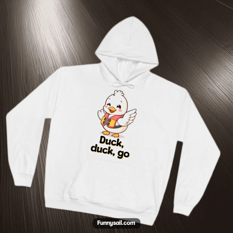 Funny Duck Safety Hoodie: A comfortable hoodie featuring a cheerful duck with a life vest waving, perfect for cozy, humorous moments.