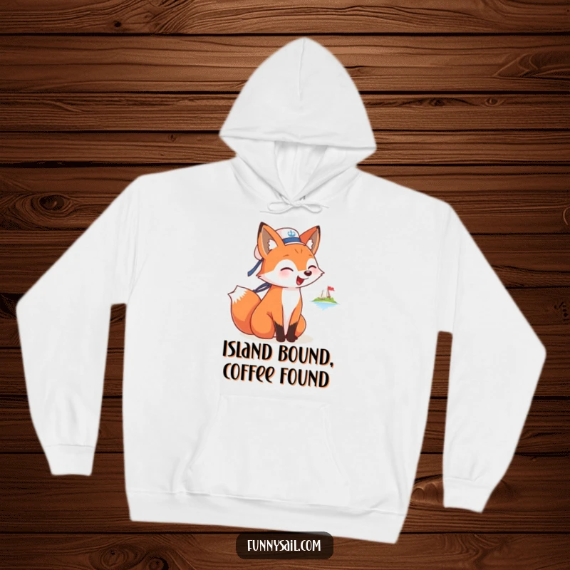 Funny hoodie depicting a cheerful fox sailor in a hat, barking enthusiastically at a distant island, radiating warmth and humor.