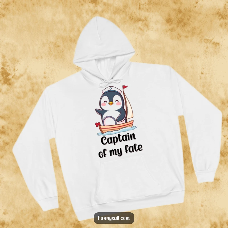 Funny penguin nautical hoodie depicting a happy bird in a sailor hat steering a miniature boat, offering cozy charm.