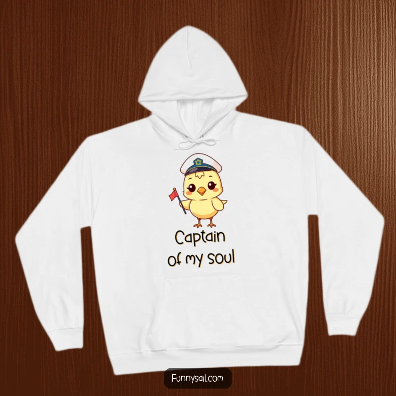 Funny hoodie with a cheerful bird wearing a sailor hat and holding a small flag, ready for any nautical escapade.