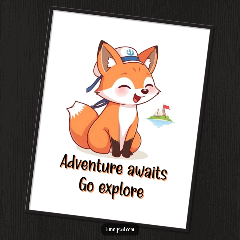 Funny Free Printable Fox Sailor Wall Art: A happy fox in a sailor hat barking at a distant island, capturing the joy of adventure.