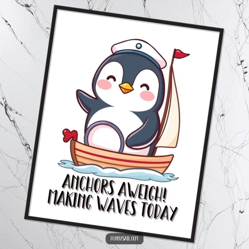 Funny Free Printable Wall Art: A happy penguin in a sailor hat, steering a miniature sailboat, charming nautical downloadable art.