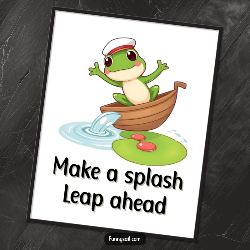 Funny Free Printable Frog Sailor Wall Art: A cheerful frog in a sailor hat leaping from a boat to a lily pad, adding pondside humor.