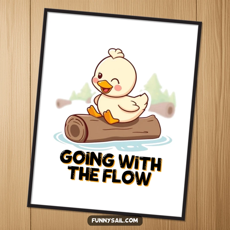 Funny free printable wall art: A happy duck with a contented smile rides effortlessly on a floating log, embodying pure relaxation.