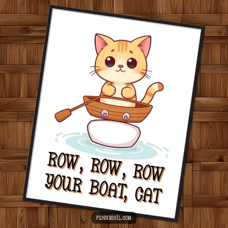 Funny free printable wall art of a curious cat bravely balancing in a tiny rowboat, ready for adventure.