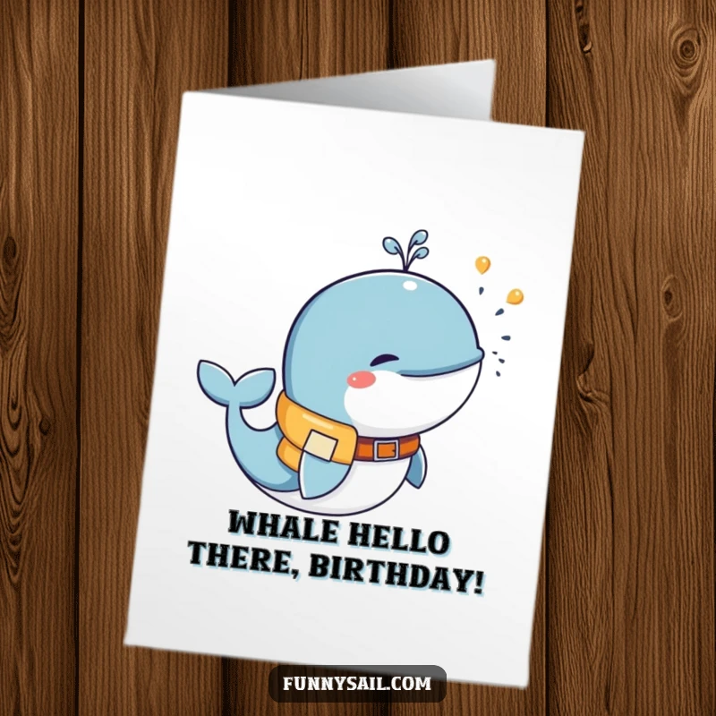 Funny Free Printable Birthday Card: Playful whale in life vest, joyfully spraying water, perfect for a downloadable gift.