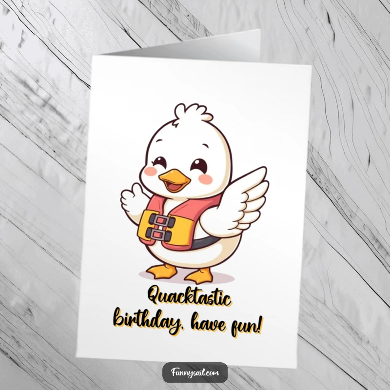 Funny free printable birthday card: Cheerful duck wearing a life vest, waving a wing enthusiastically for a happy birthday.