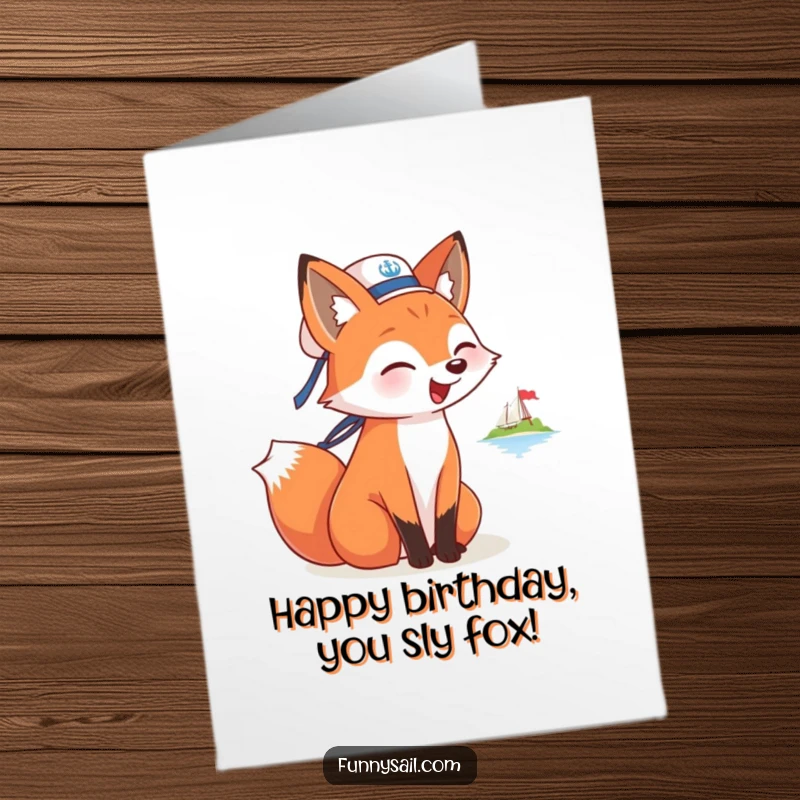 Funny Free Printable Fox Sailor Birthday Card: A playful fox in a sailor hat happily barking towards an island for birthday wishes.