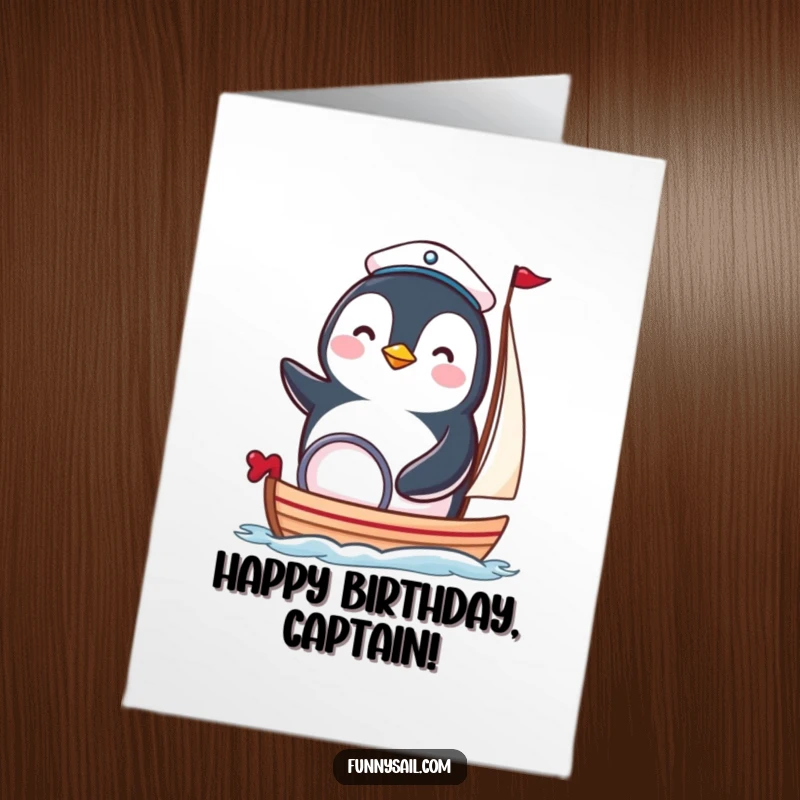 Funny Free Printable Birthday Card: Happy penguin in sailor hat, steering a tiny sailboat, a delightful nautical theme.