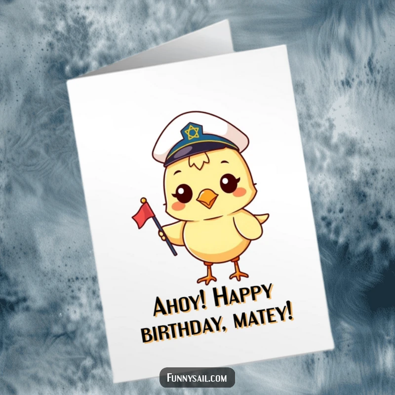 Funny free printable birthday card: A cheerful bird in a sailor hat waves a small flag, ready to celebrate a nautical birthday.