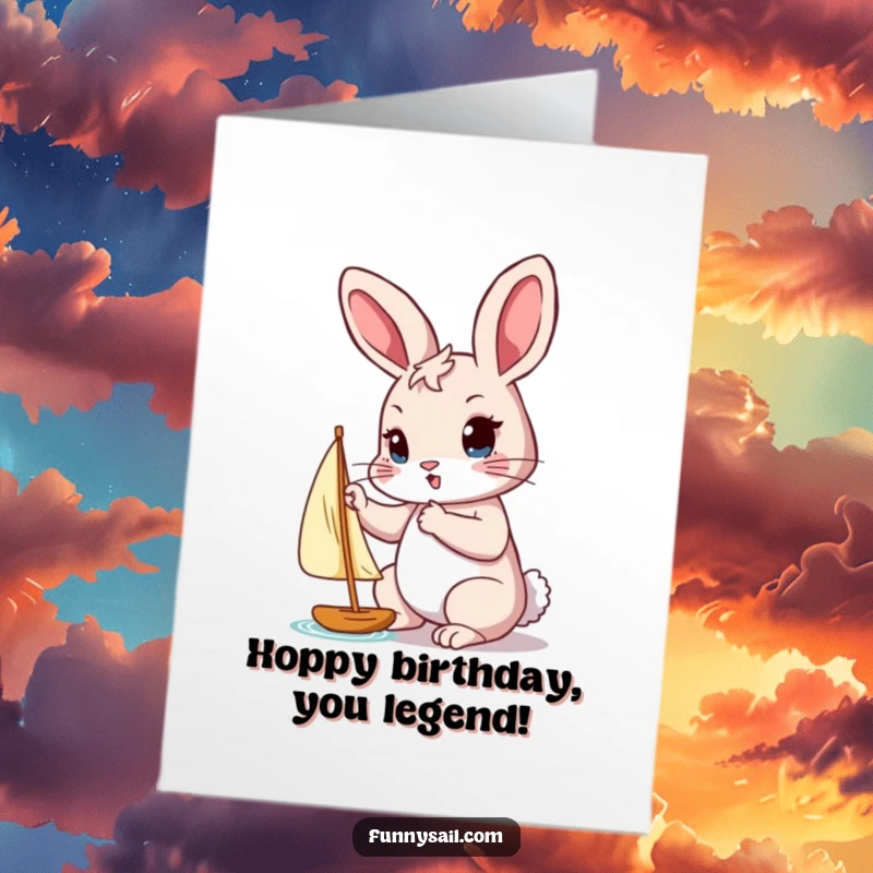 Funny free printable birthday card: A determined rabbit focuses intently on adjusting a tiny sail with its paw, ready for adventure.