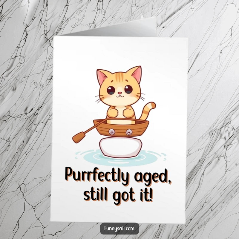Funny free printable birthday card featuring a curious cat precariously balancing in a tiny rowboat, looking astonished.