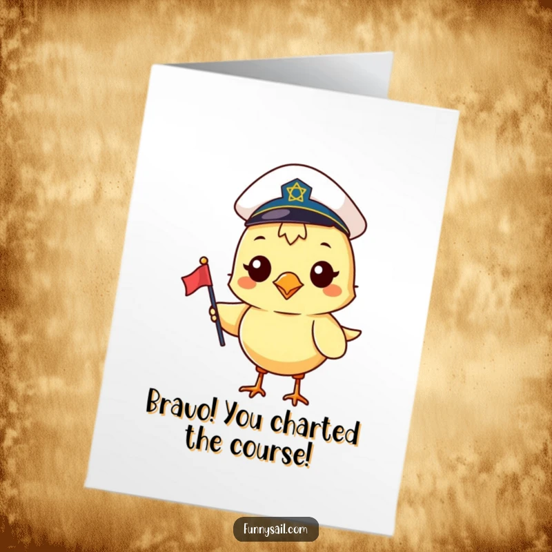 Funny free printable congratulations card: A happy bird wearing a sailor hat proudly holds a small flag, signaling a grand achievement.