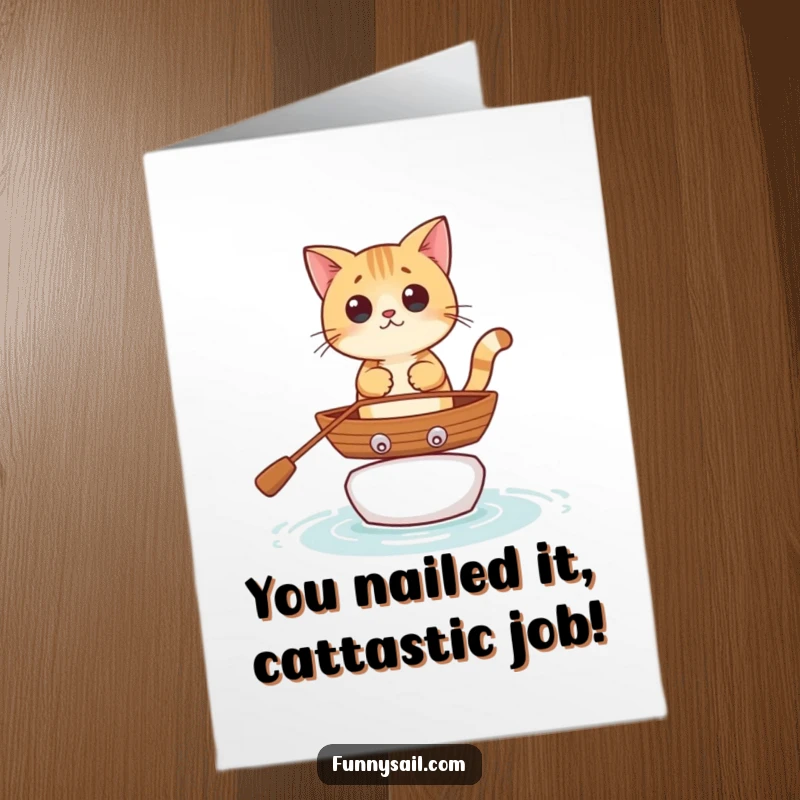 Funny free printable congratulations card showing a curious cat confidently balancing in a rowboat, symbolizing achievement.