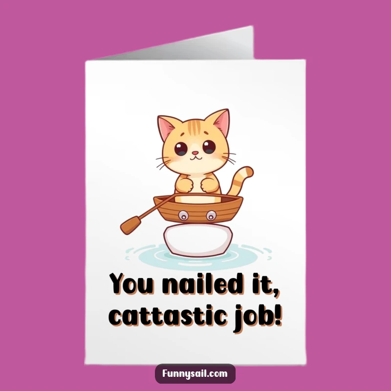 Free Printable Congrats Card: Curious Cat Navigates Success Rowboat Downloadable