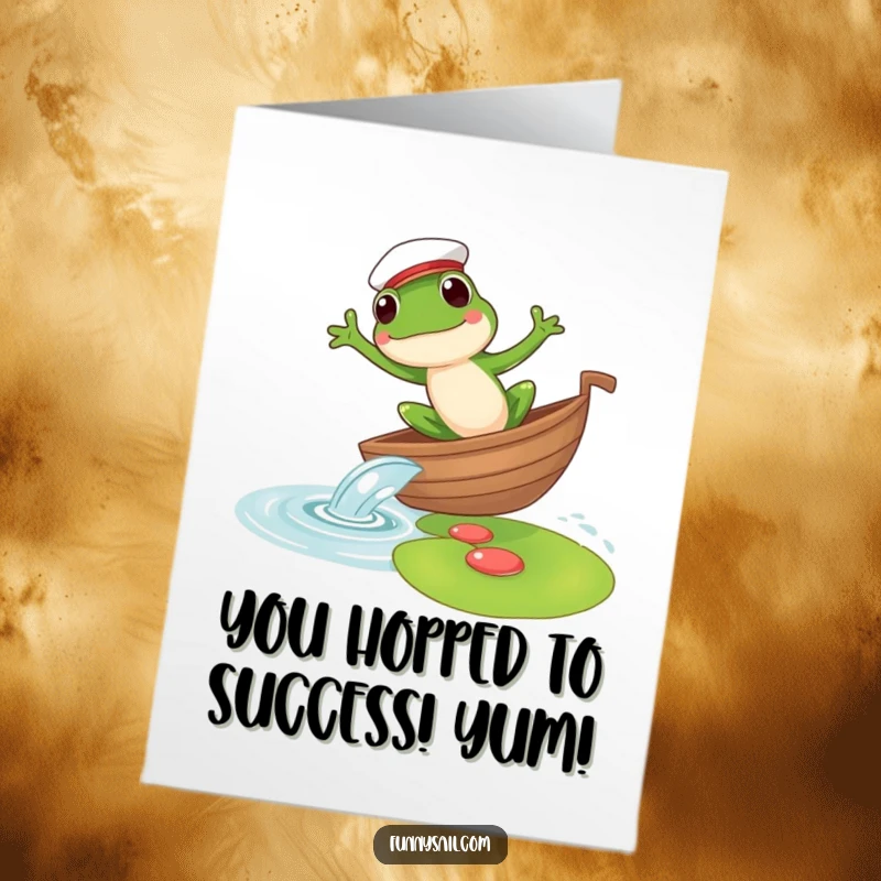 Funny Free Printable Frog Sailor Congratulations Card: A frog in a sailor hat making a triumphant leap from a boat to a lily pad.