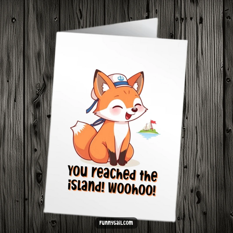 Funny Free Printable Fox Sailor Congratulations Card: A happy fox in a sailor hat celebrating reaching a distant island, a joy for achievements.