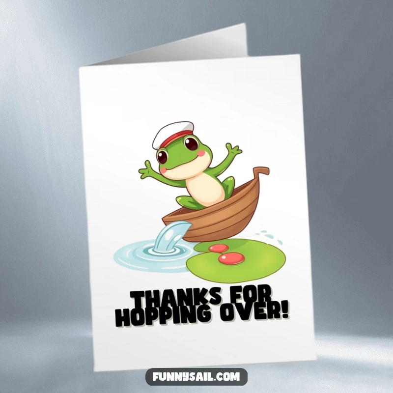 Funny Free Printable Frog Sailor Thank You Card: A charming frog wearing a sailor hat leaping onto a lily pad to say thanks.