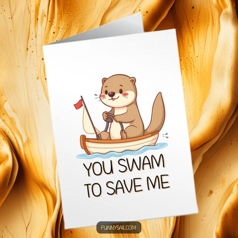 Funny free printable thank you card: Playful otter character steering a sailboat, conveying thanks with a cheerful wave.