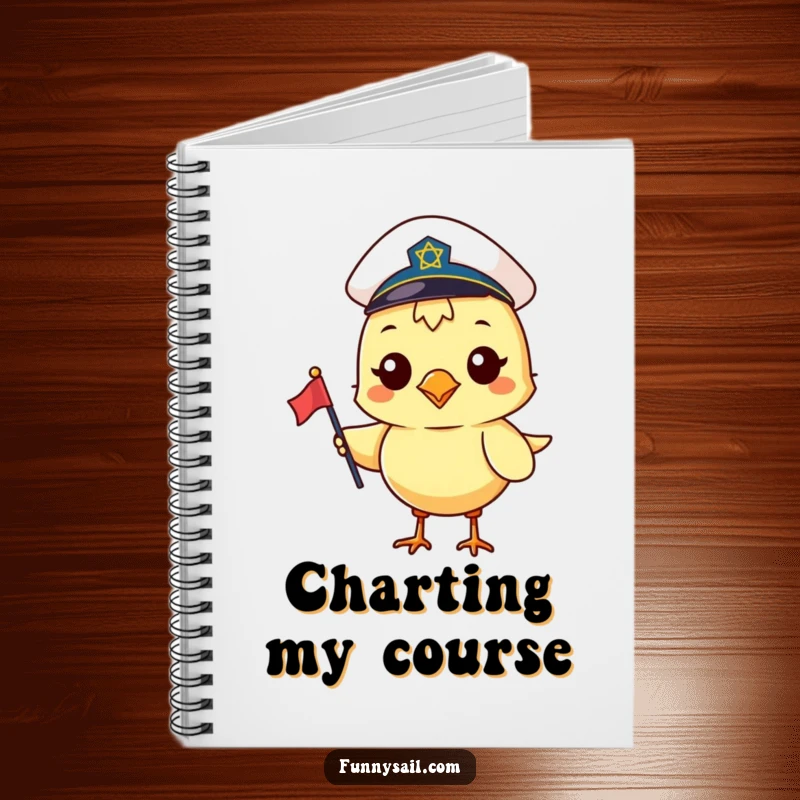 Funny notebook cover with a happy bird in a sailor hat holding a small flag, ready to captain your thoughts.