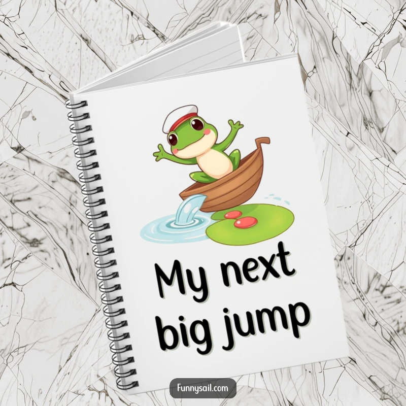 Funny notebook featuring a frog sailor leaping from a boat to a lily pad, ideal for jotting down creative ideas and plans.