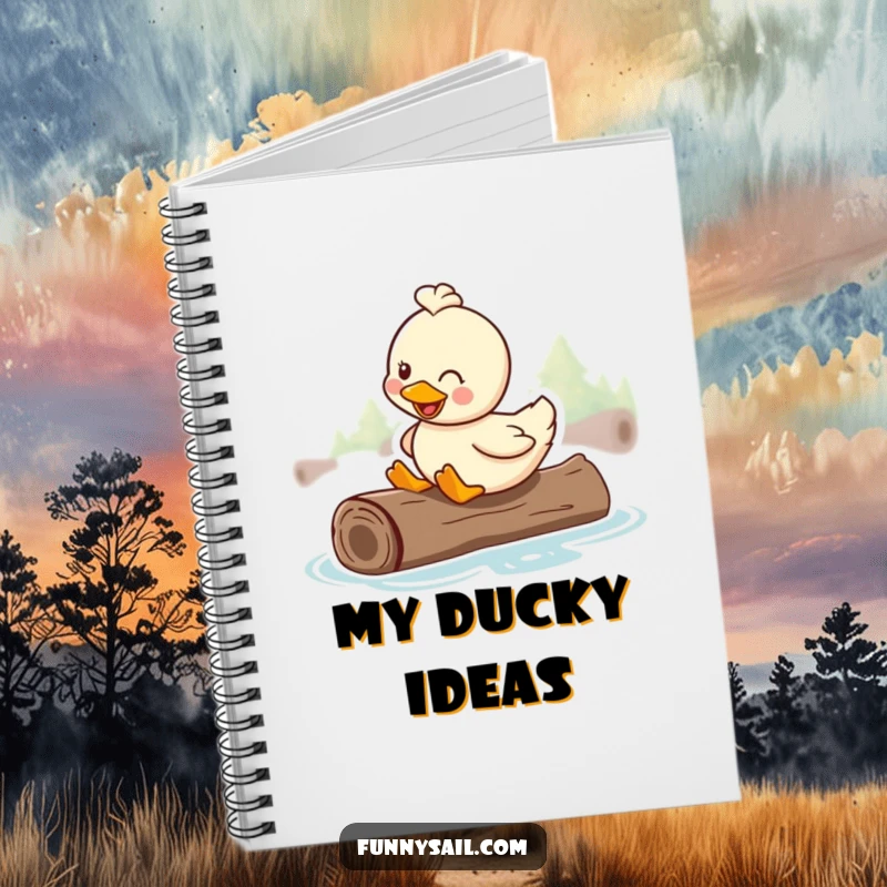 Funny notebook cover with a happy duck smiling while riding on a floating log, ready to captain your relaxing thoughts.
