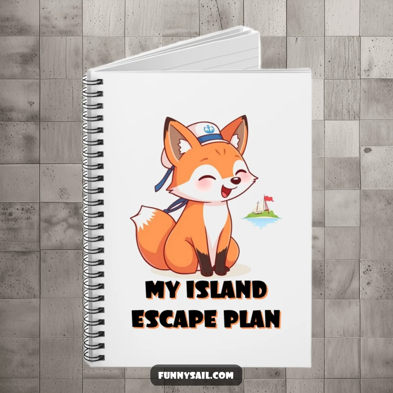 Funny notebook showcasing a fox sailor barking at an island, ideal for jotting down adventures and nautical musings.