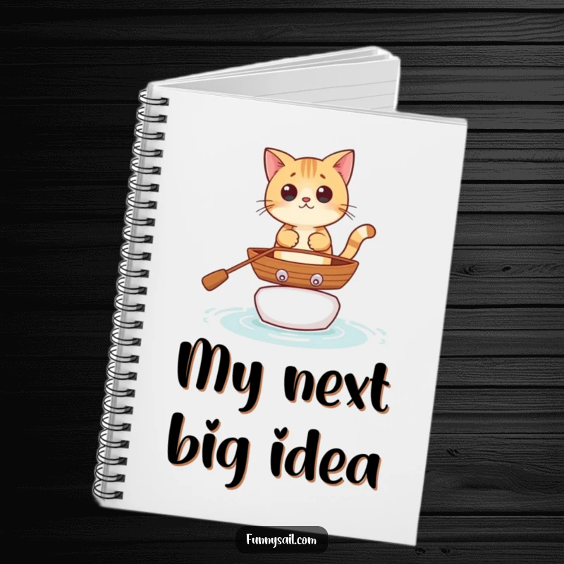 Funny curious cat character balancing in a rowboat, featured on a notebook cover for jotting down humorous thoughts.