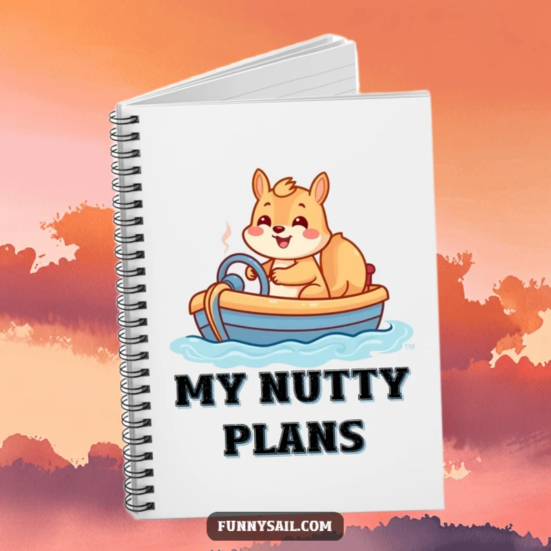 Funny notebook cover with a playful squirrel steering a toy boat with a happy grin, ready to captain your thoughts.