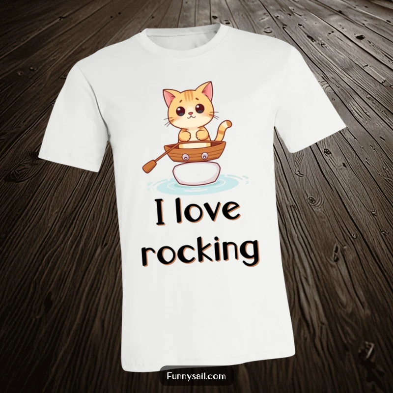 Funny curious cat character balancing bravely on a small rowboat, illustrated for a humorous and adventurous t-shirt.