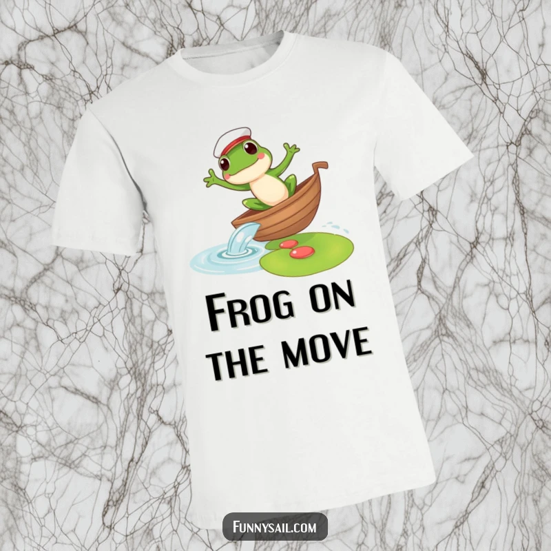 Funny T-shirt depicting a frog sailor joyfully leaping from a boat to a lily pad, capturing a moment of aquatic fun.