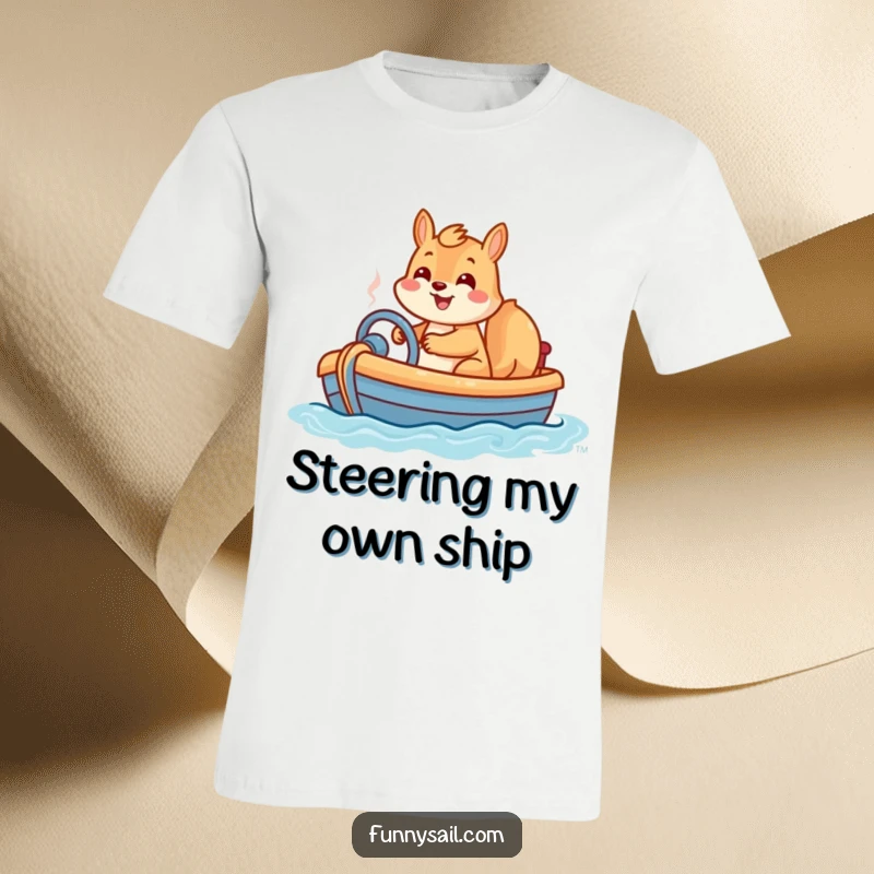 Funny t-shirt featuring a grinning squirrel enthusiastically steering a small toy boat, embodying playful adventure.