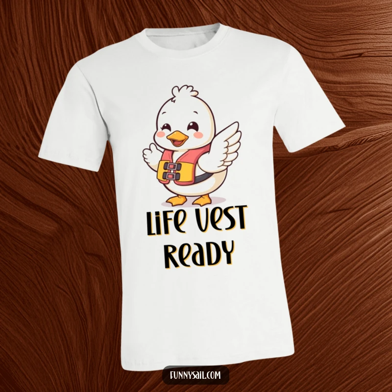 Funny Duck Safety T-Shirt: A happy duck in a life vest waves, embodying safety and cheerfulness in a humorous design.
