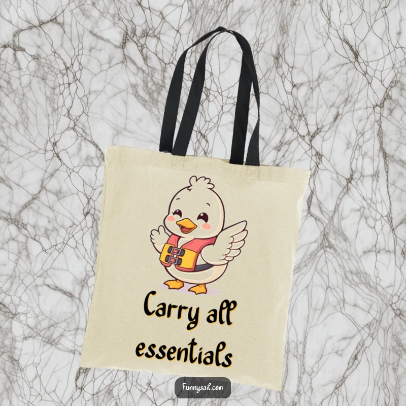 Funny Duck Safety Tote Bag: Cheerful duck in a life vest waves to passersby, offering a humorous and practical carrying solution.