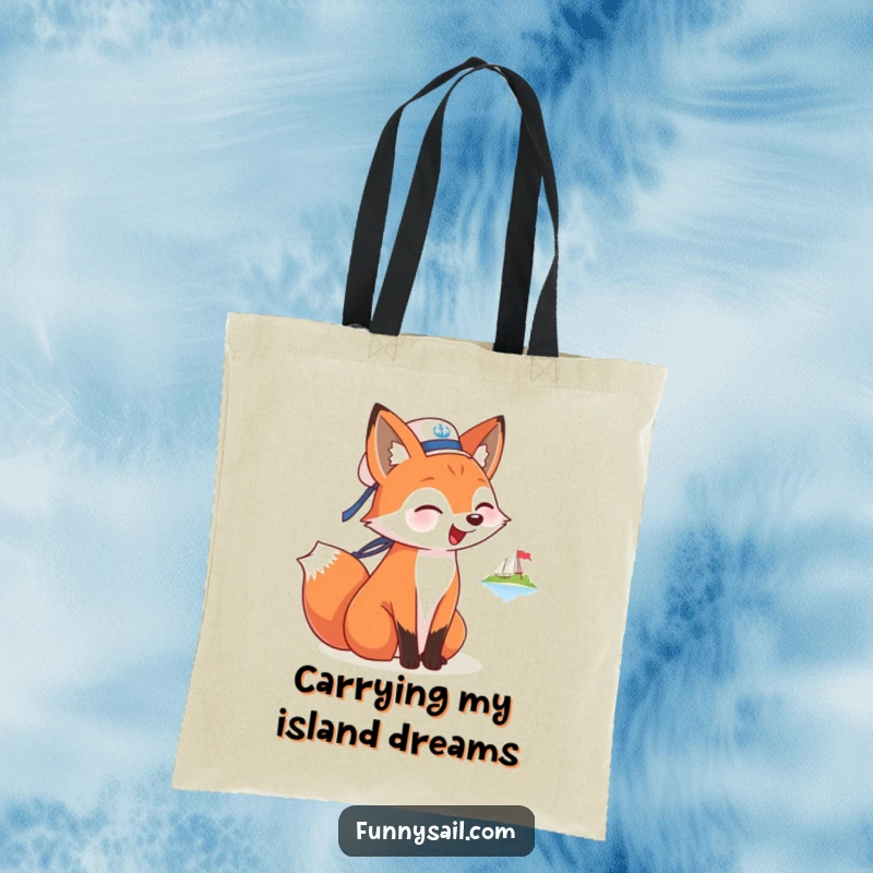 Funny tote bag featuring a fox sailor wearing a hat, barking towards an island, ideal for carrying treasures and nautical flair.