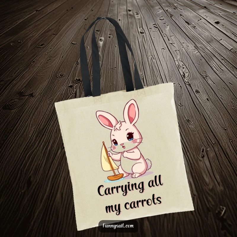 Funny tote bag showcasing a determined rabbit adjusting a tiny sail with its paw, ready for any journey.