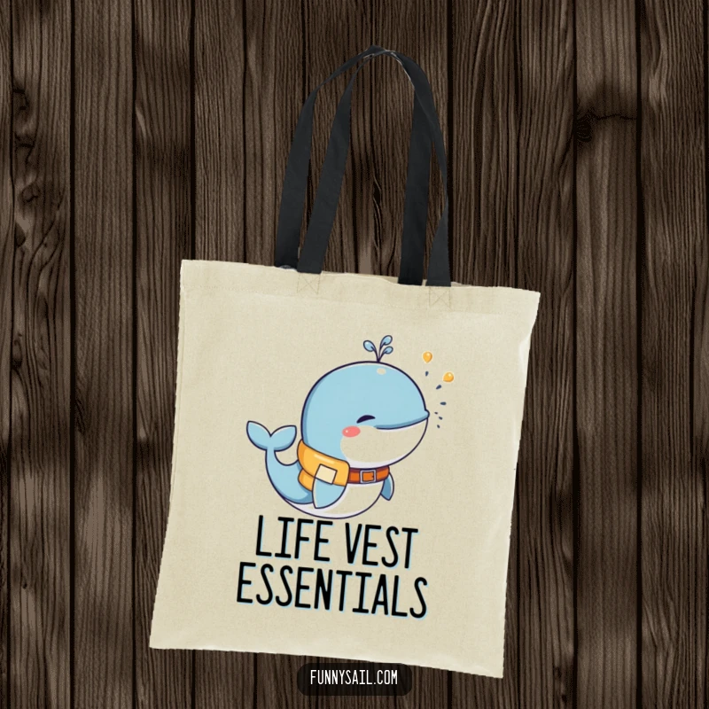 Funny whale in a life vest spraying water, reusable tote bag for ocean lovers, practical and humorous accessory.