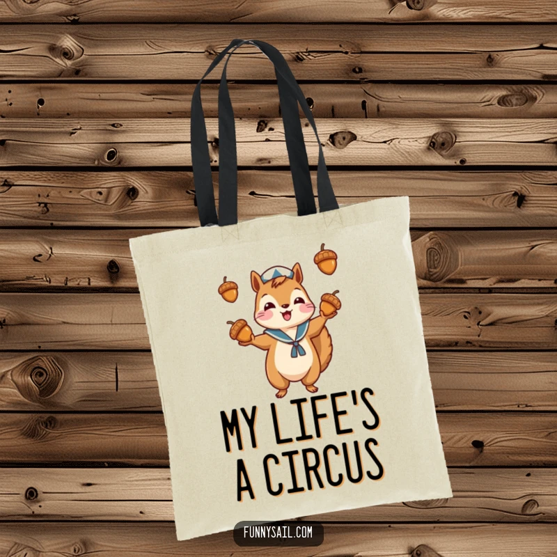 Funny tote bag featuring a squirrel sailor juggling acorns, adding a playful and nautical touch to everyday carrying.