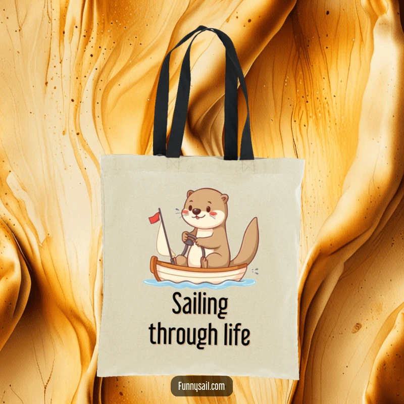 Funny Otter Sailor Tote Bag: A happy otter steers a sailboat, ideal for carrying treasures from sunny adventures, a humorous accessory.